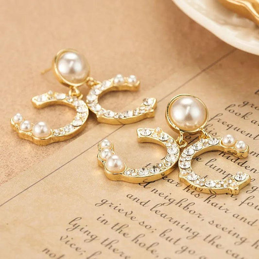 Golden Pearl and Crystal Earrings - Elegant Charme