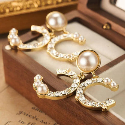 Golden Pearl and Crystal Earrings - Elegant Charme