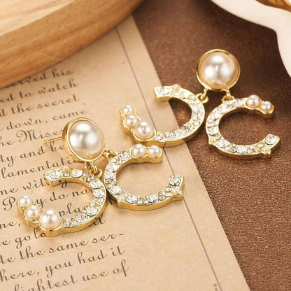 Golden Pearl and Crystal Earrings - Elegant Charme