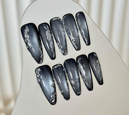Black Glossy Marble Press On Nail - Elegant Charme