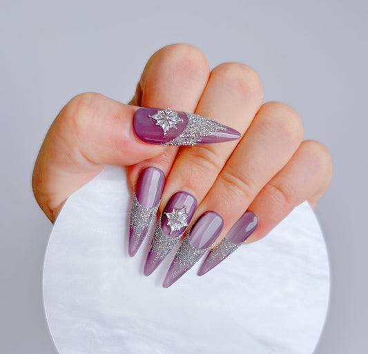 Purple Glitter Snowflake Press On Nail - Elegant Charme