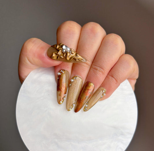Golden Pearl Blossom Press On Nail - Elegant Charme