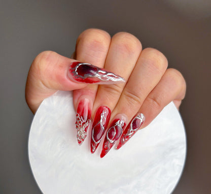 Red Marble Chrome Press On Nail - Elegant Charme