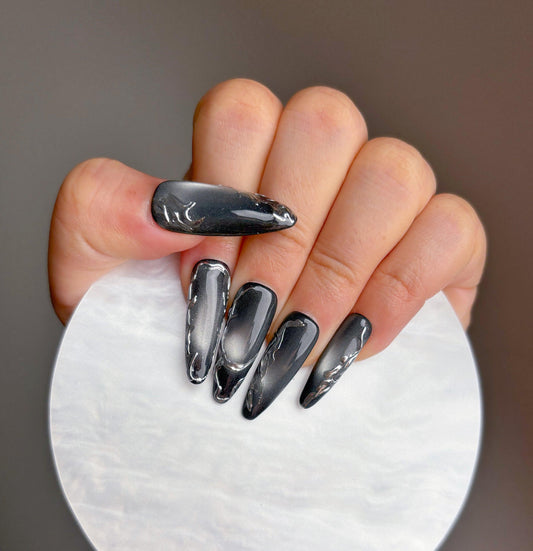 Black Glossy Marble Press On Nail - Elegant Charme