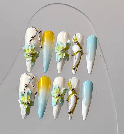 Trend Luxe - Aqua & Sunlit Ombre - Customizable Handcrafted Press On Nails