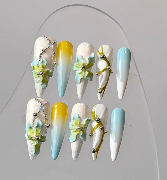 Trend Luxe - Aqua & Sunlit Ombre - Customizable Handcrafted Press On Nails