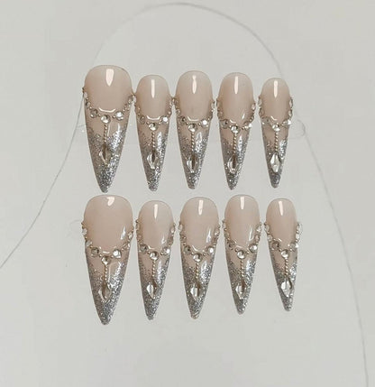 Daily Chic - Nude and Silver - Customizable Handcrafted Press On Nails
