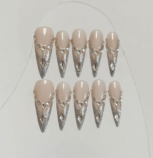 Daily Chic - Nude and Silver - Customizable Handcrafted Press On Nails
