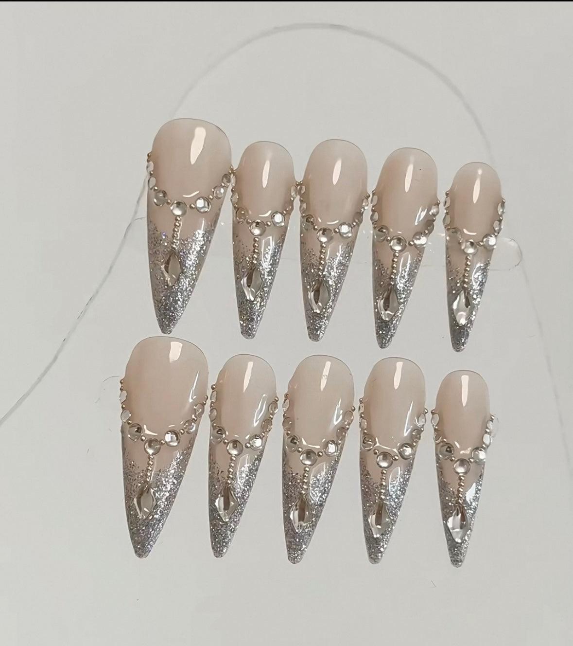 Daily Chic - Nude and Silver - Customizable Handcrafted Press On Nails