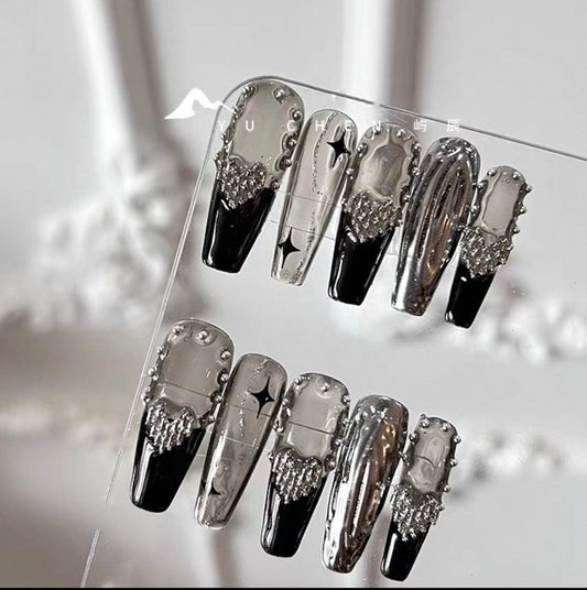 Elegant Touch - Black and Silver Star- Customizable Handcrafted Press On Nails