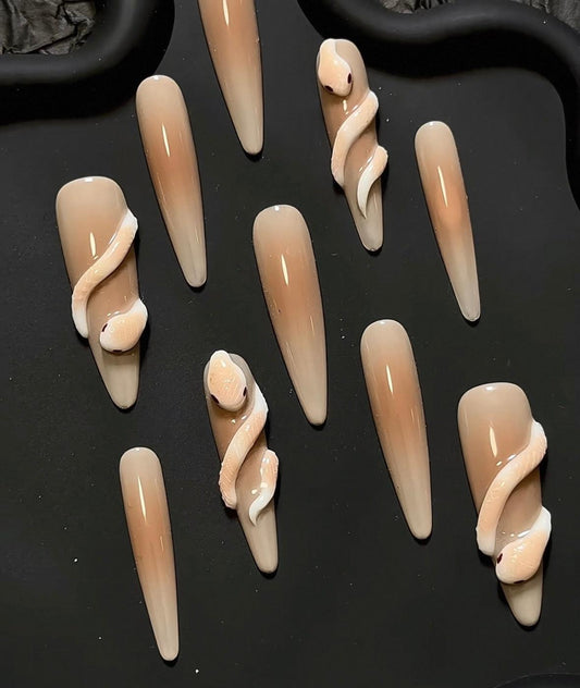 Elegant Touch - Nude and Cream Snake Design - Customizable Handcrafted Press On Nails
