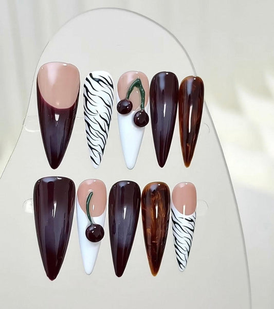 Trend Luxe - Deep Cherry and Zebra - Customizable Handcrafted Press On Nails