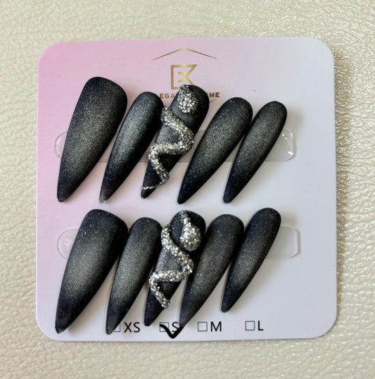 Mystic Charm - Black Silver Glitter - Customizable Handcrafted Press On Nails