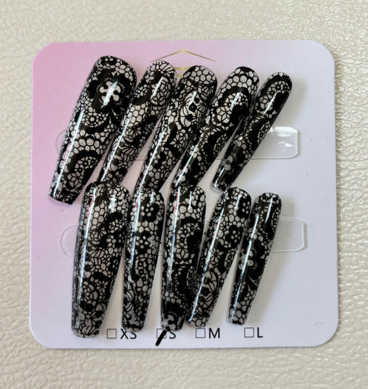 Intricate Lace - Black and Silver - Customizable Handcrafted Press On Nails