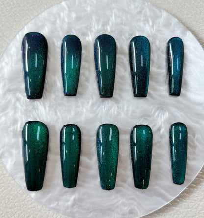 Simply Cat Eye - Deep Teal and Purple - Customizable Handcrafted Press On Nails