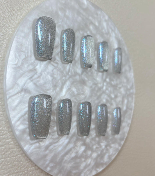 Simply Cat Eye - Silver Glitter - Customizable Handcrafted Press On Nails