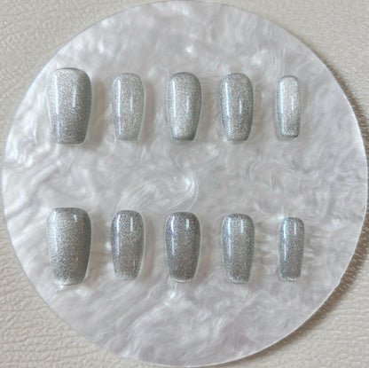 Simply Cat Eye - Silver Glitter - Customizable Handcrafted Press On Nails