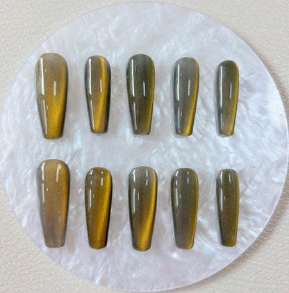 Simply Cat Eye - Olive Gold Gradient - Customizable Handcrafted Press On Nails