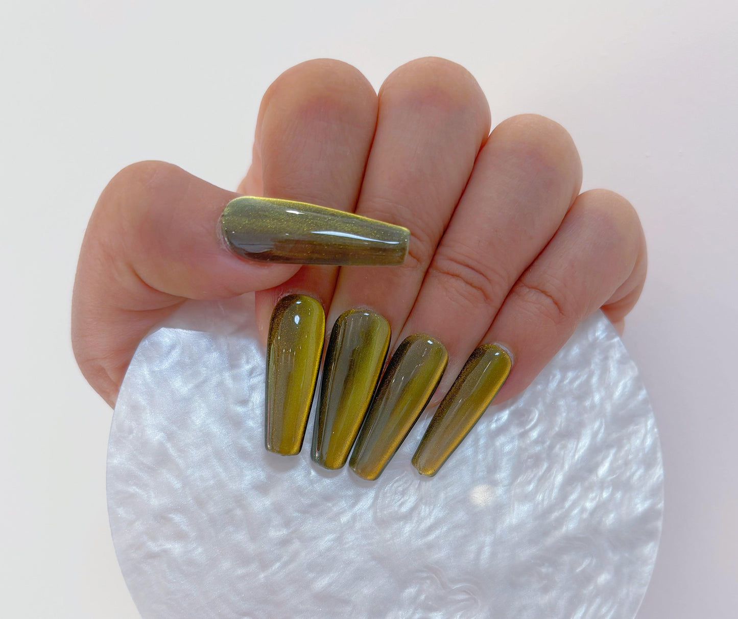 Simply Cat Eye - Olive Gold Gradient - Customizable Handcrafted Press On Nails