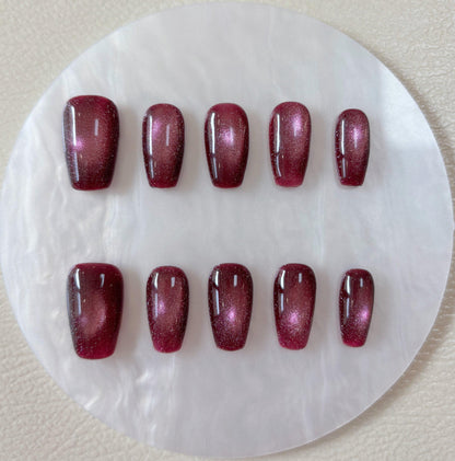 Simply Cat Eye - Burgundy Glitter - Customizable Handcrafted Press On Nails