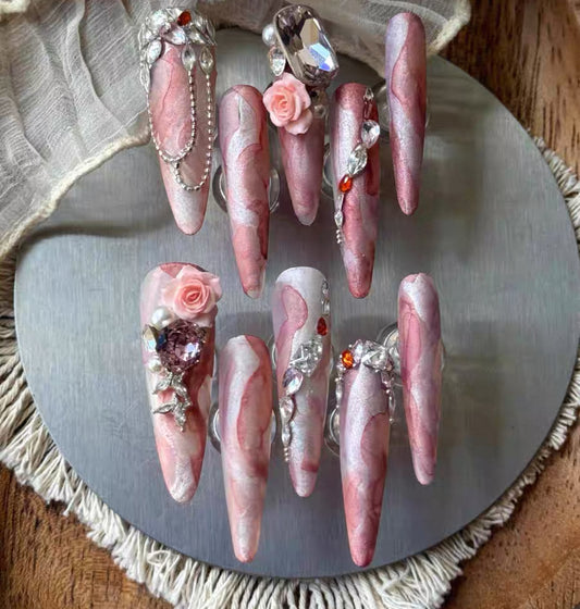 Charme Atelier - Blush Pink Marble & Floral - Customizable Handcrafted Press On Nails