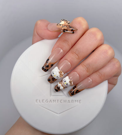 Everyday Cute - Neutral Leopard Hello Kitty - Customizable Handcrafted Press On Nails