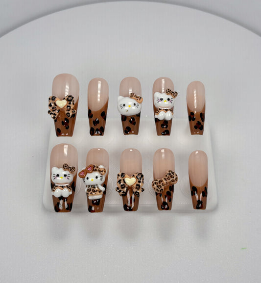 Everyday Cute - Neutral Leopard Hello Kitty - Customizable Handcrafted Press On Nails