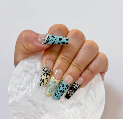 Elegant Touch - Black and Teal Dots - Customizable Handcrafted Press On Nails