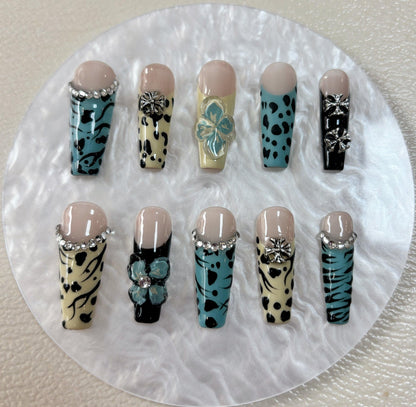 Elegant Touch - Black and Teal Dots - Customizable Handcrafted Press On Nails