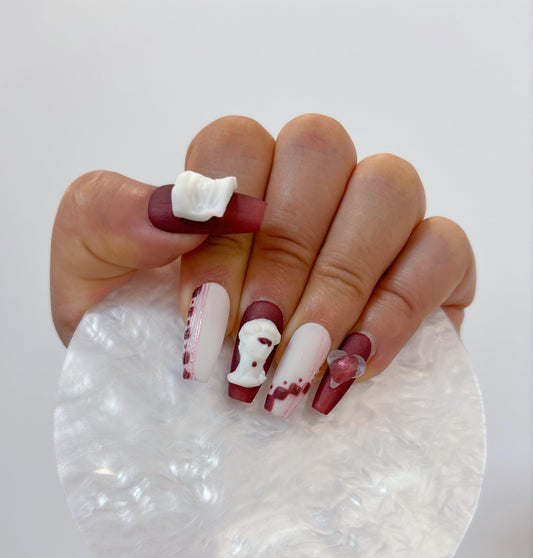 Daily Chic - Burgundy & White Sculpture Design - Customizable Handcrafted Press On Nails