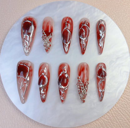 Red Marble Chrome Press On Nail - Elegant Charme