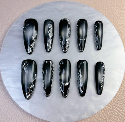 Black Glossy Marble Press On Nail - Elegant Charme