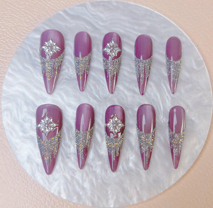 Purple Glitter Snowflake Press On Nail - Elegant Charme