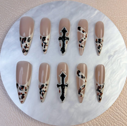 Leopard Cross Nude Press On Nail - Elegant Charme