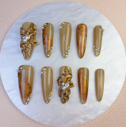 Golden Pearl Blossom Press On Nail - Elegant Charme
