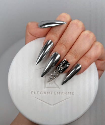 Daily Chic - Silver Metallic Bunny- Customizable Handcrafted Press On Nails