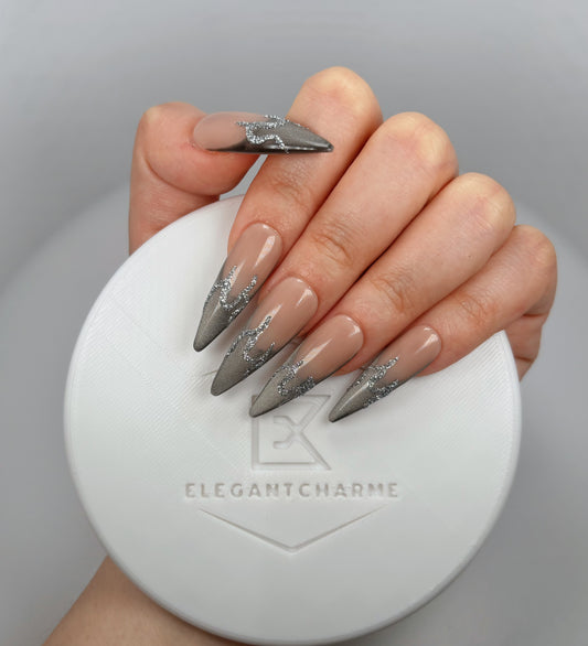 Daily Chic - Nude and Silver Flame - Customizable Handcrafted Press On Nails