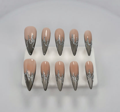 Daily Chic - Nude and Silver Flame - Customizable Handcrafted Press On Nails