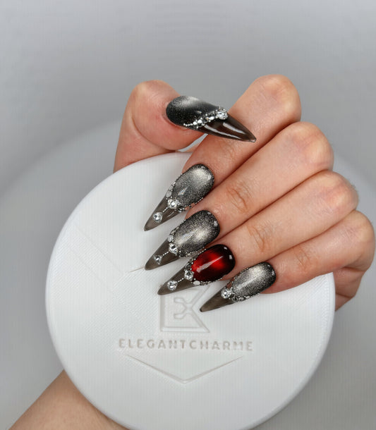 Elegant Touch - Red and Silver AB Style - Customizable Handcrafted Press On Nails