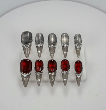 Elegant Touch - Red and Silver AB Style - Customizable Handcrafted Press On Nails