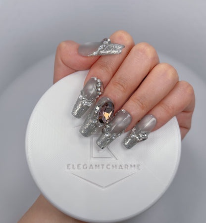 Trend Luxe - Silver & Rose Maximalism - Customizable Handcrafted Press On Nails