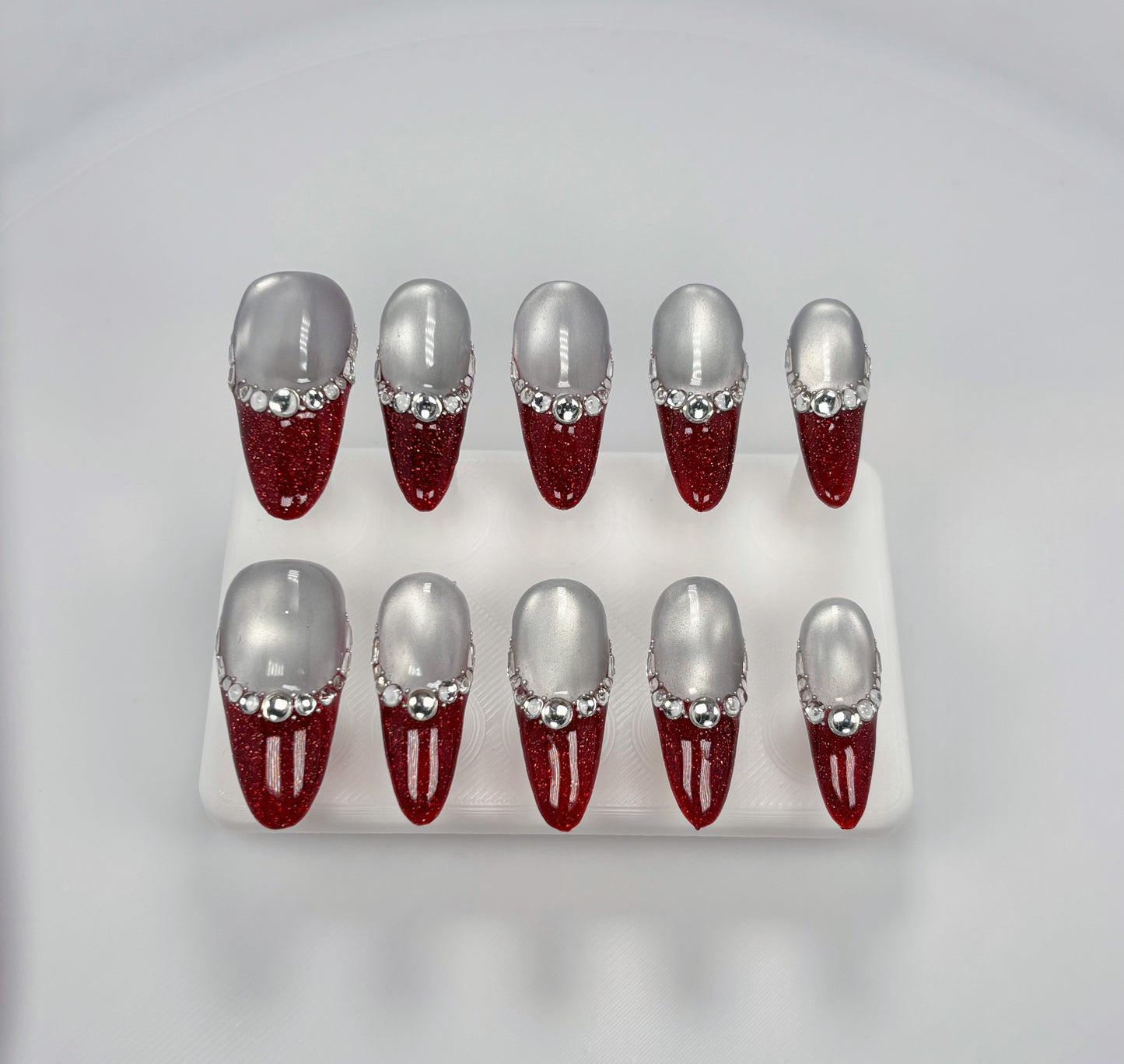 Daily Chic - Red and Silver French Tip - Customizable Handcrafted Press On Nails