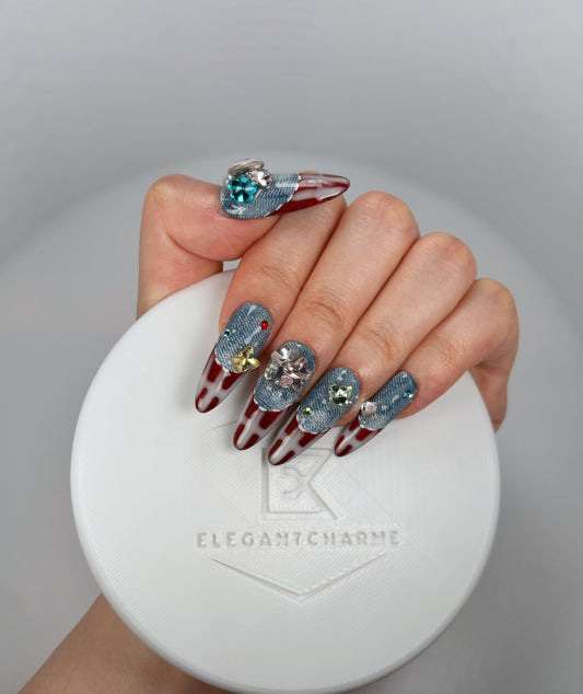 Elegant Touch - Red and Blue Demin - Customizable Handcrafted Press On Nails