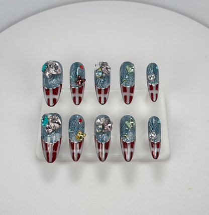 Elegant Touch - Red and Blue Demin - Customizable Handcrafted Press On Nails