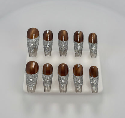 Trend Luxe - Brown and Silver Glitter - Customizable Handcrafted Press On Nails