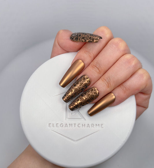 Daily Chic - Warm Bronze with Floral Detailing - Customizable Handcrafted Press On Nails
