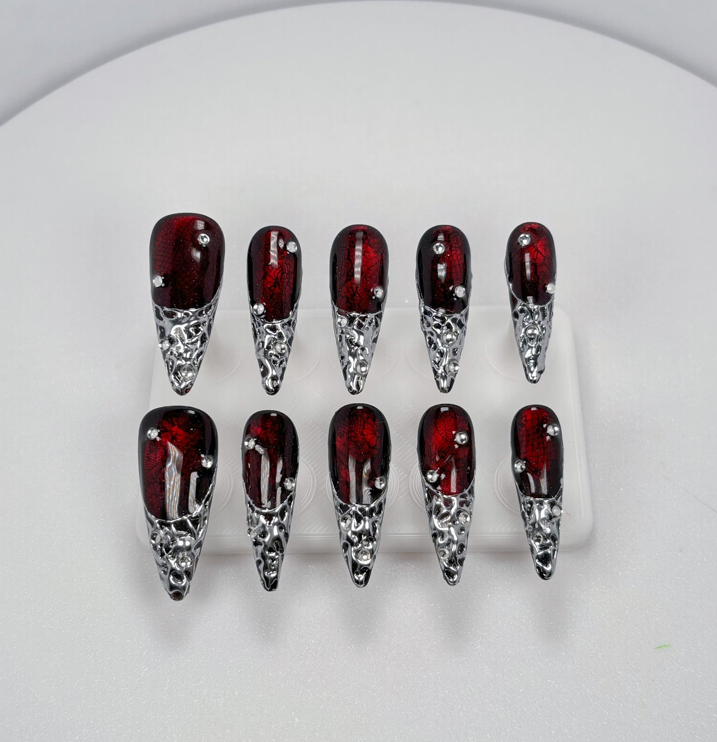 Trend Luxe - Deep Red & Silver - Customizable Handcrafted Press On Nails