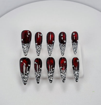 Trend Luxe - Deep Red & Silver - Customizable Handcrafted Press On Nails