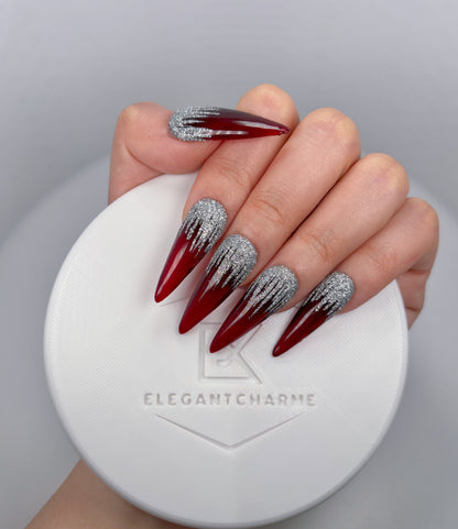 Daily Chic - Red & Silver Drip - Customizable Handcrafted Press On Nails