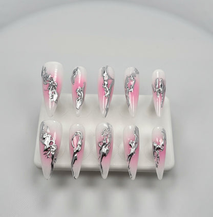 Daily Chic - Pink Ombre with Silver Accents - Customizable Handcrafted Press On Nails